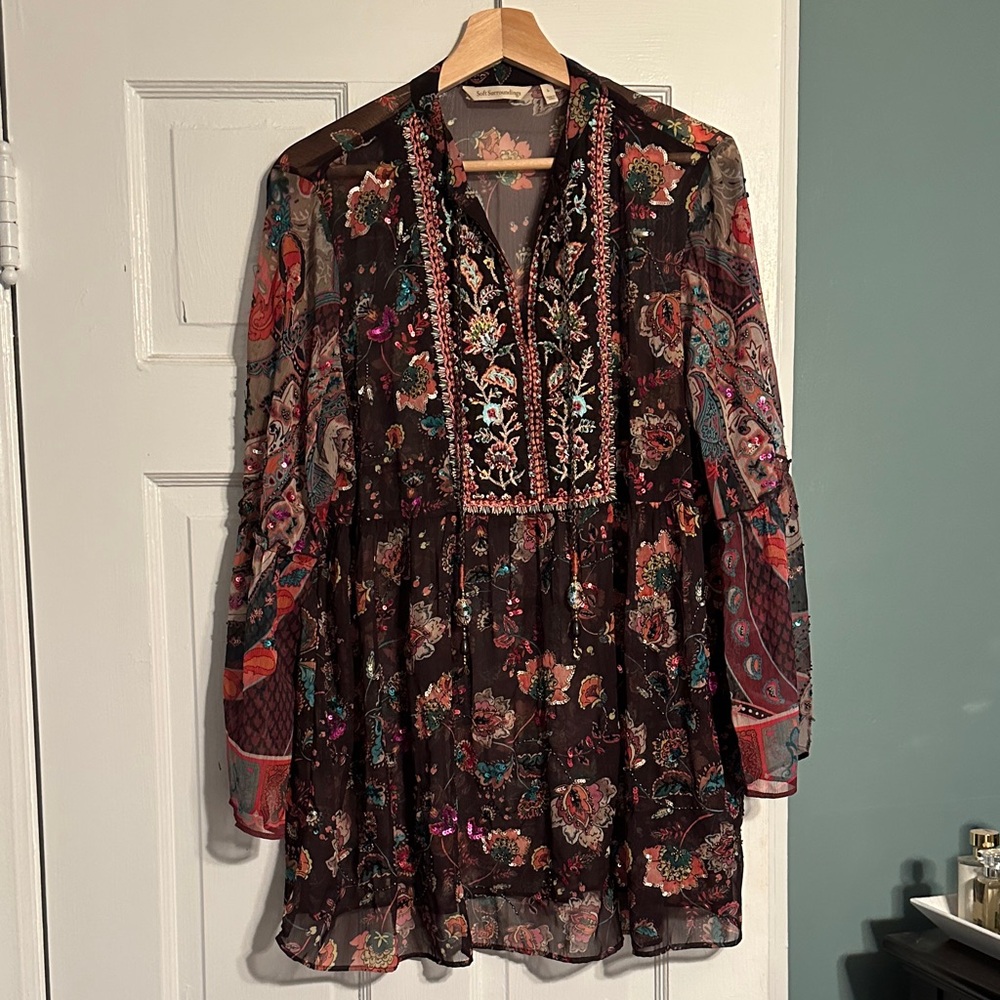 Soft Surroundings Floral Embroidered and Embellished Top